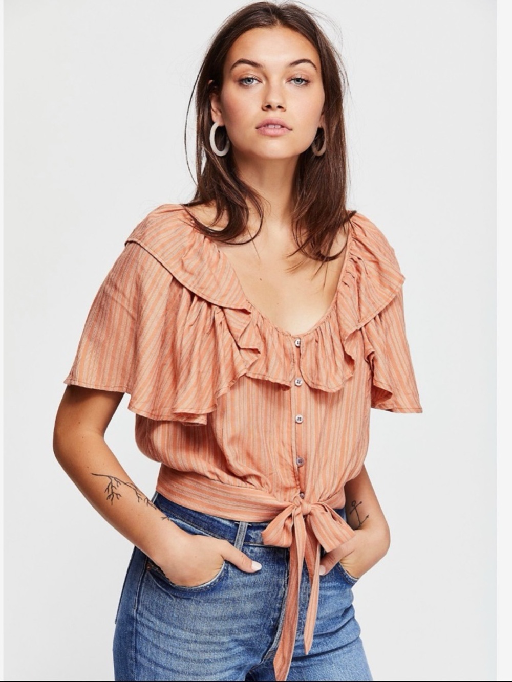 Free People Striped blouse front tie femme ruffle Women’s M Sun Baked Combo